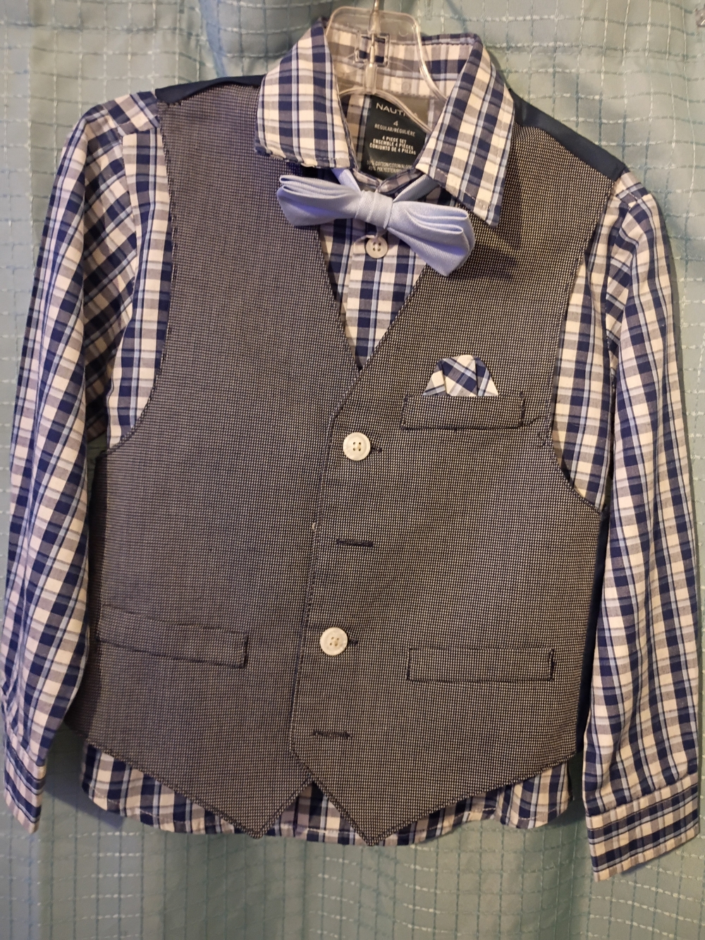 Nautica Boys Blue Plaid Shirt with Gray Vest & Light Blue Bow Tie
